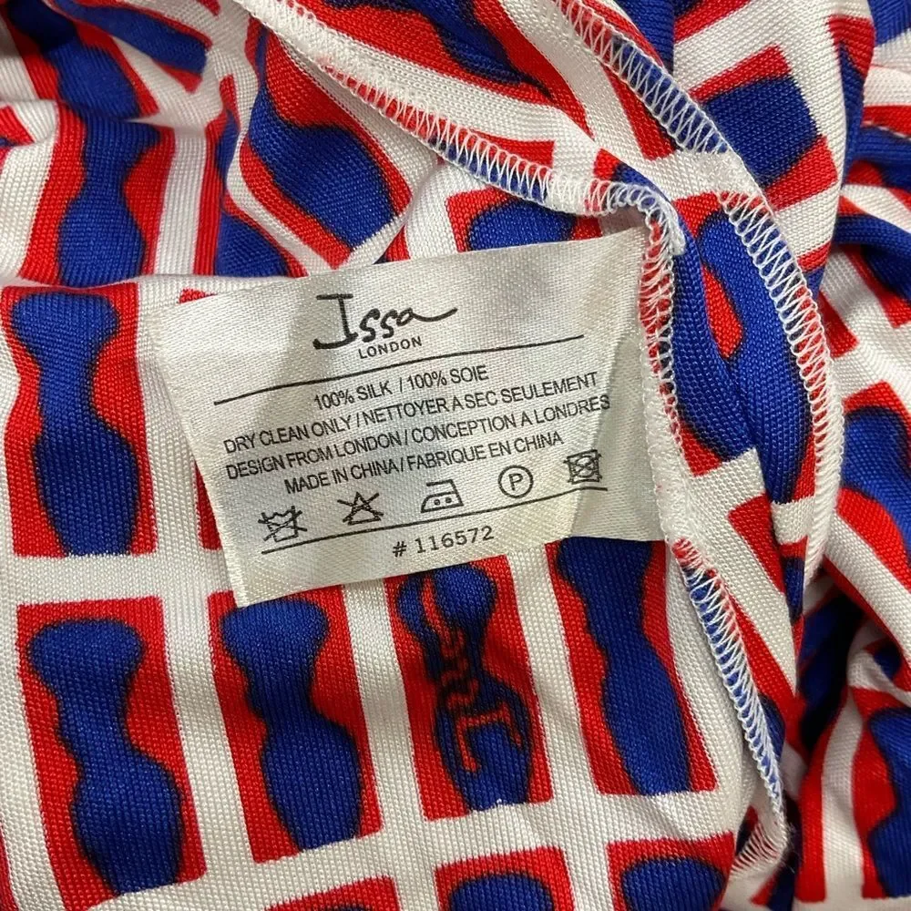 Issa London Blue Red White Geometric 100% Silk Long Sleeve Dress Size 6